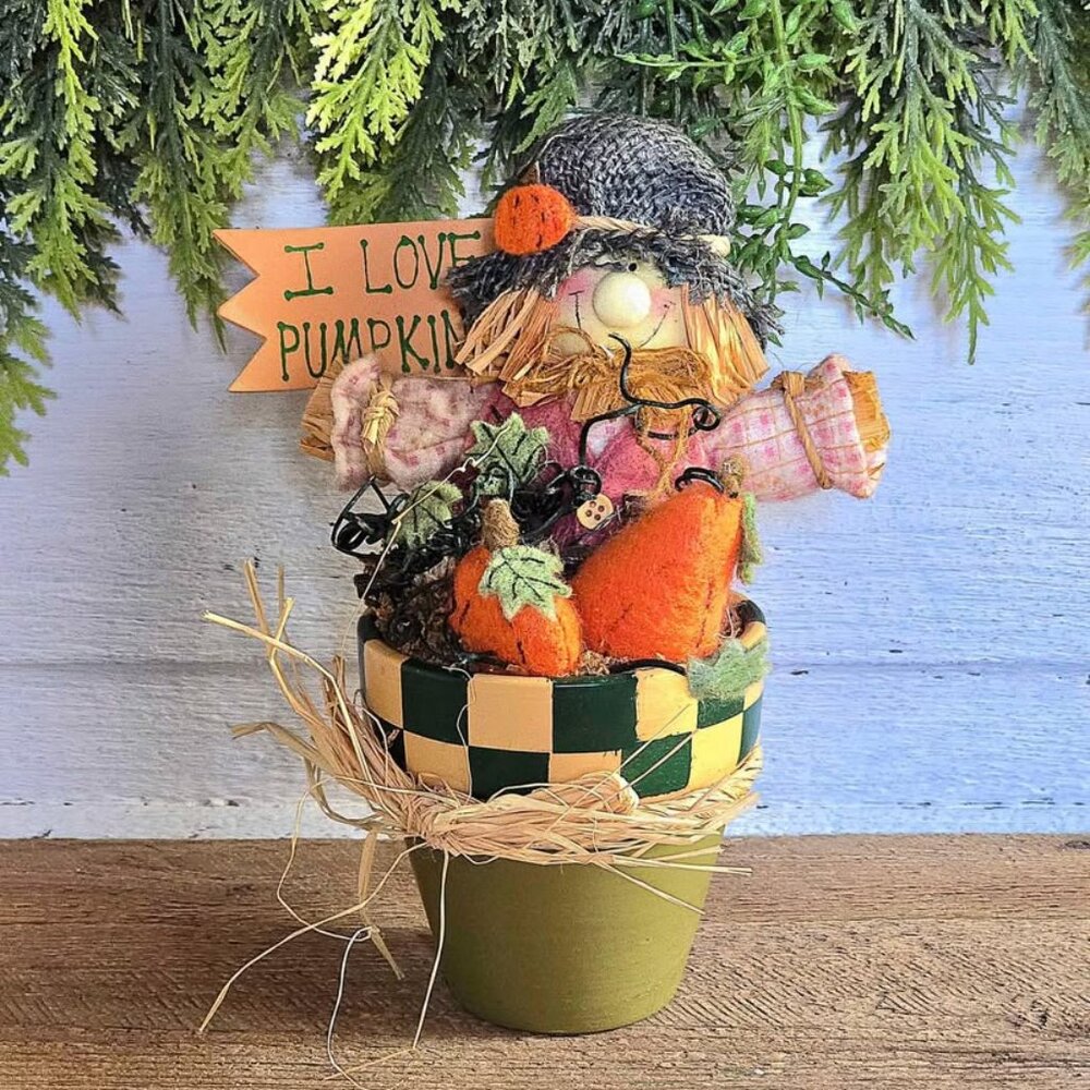 Primitive I Love Pumpkins Potted Scarecrow Fall Harvest Halloween Decor